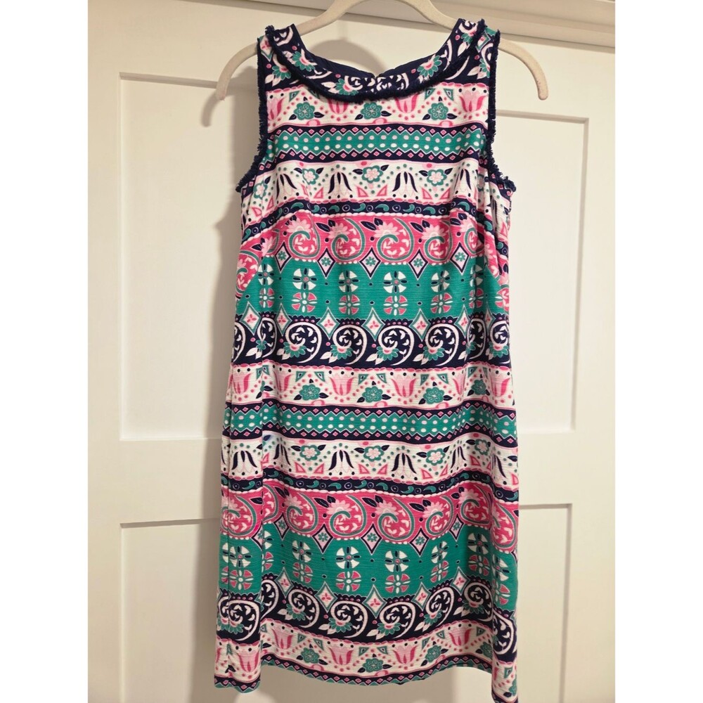 Talbots Shift Dress Vibrant Floral Stripe 2P Preppy Resort Summer Fringe